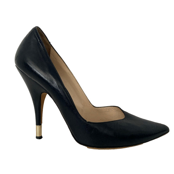 D&G Dolce & Gabanna Black Pump Point Toe Leather Gold Heel Slim 38 - Picture 1 of 9